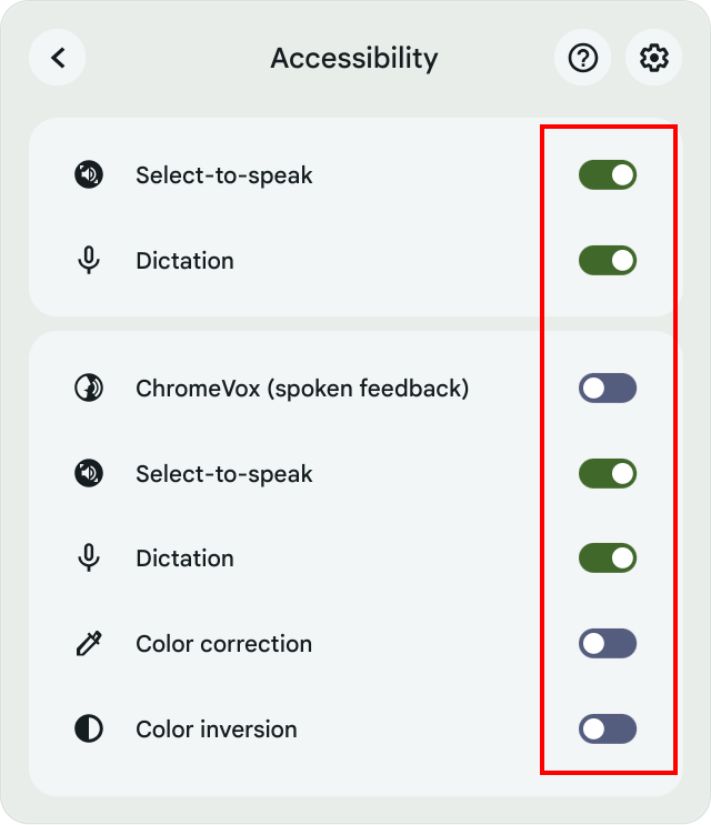 Click the toggle switch for an accessibility feature to turn it on or off